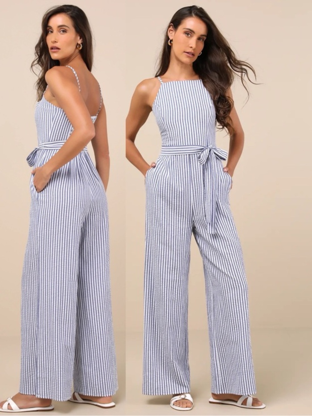 NWT Lulu’s Messina Blue Striped Wide-Leg Jumpsuit Large Coastal Vacation Chic